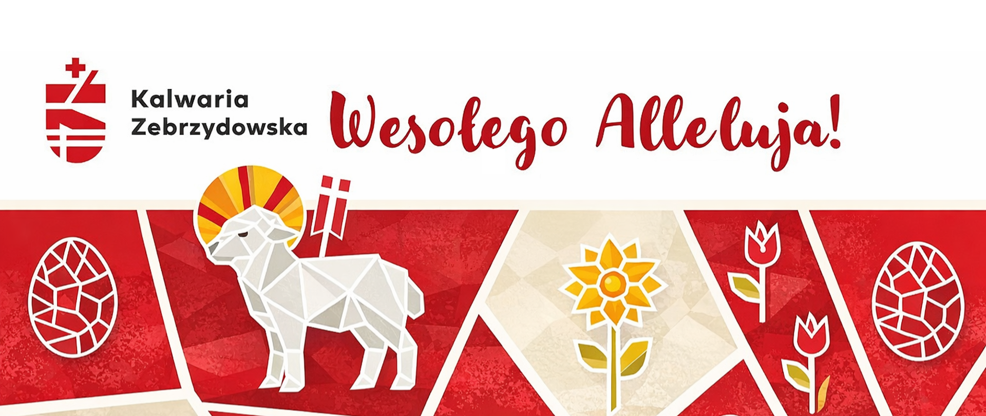 Kolorowa kartka wielkanocna w nowoczesnym, geometrycznym stylu. W lewym górnym rogu znajduje się logo Kalwarii Zebrzydowskiej, a obok napis „Wesołego Alleluja!” zapisany ozdobną, czerwoną czcionką. Dolną część grafiki wypełniają wielokątne pola w odcieniach czerwieni, beżu i żółci, w których umieszczono symbole wielkanocne: baranka z chorągiewką, pisanki, koszyczek z jajkami, bazie, tulipany, żonkile oraz babkę wielkanocną. Całość ma elegancki, świąteczny charakter nawiązujący do tradycji Wielkanocy.