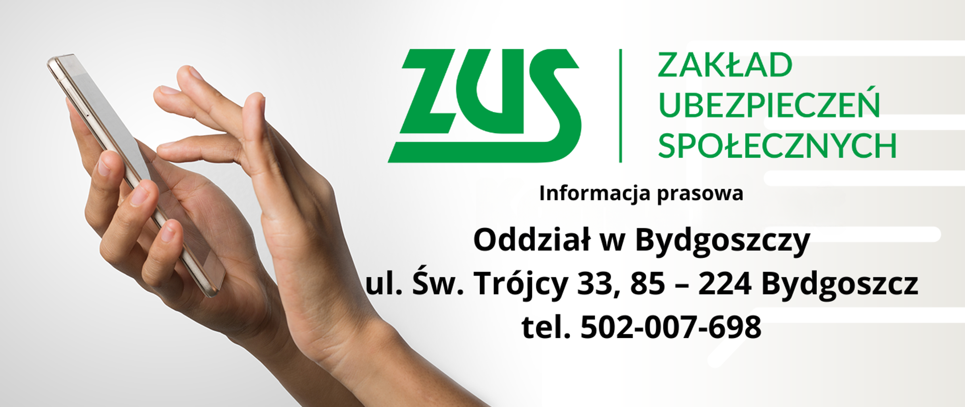 Zdjęcie przedstawia po lewej stronie dłonie trzymające smartfon, po prawej stronie grafiki na beżowym tle z zarysem kartki napis Zakład Ubezpieczeń Społecznych - informacja prasowa
