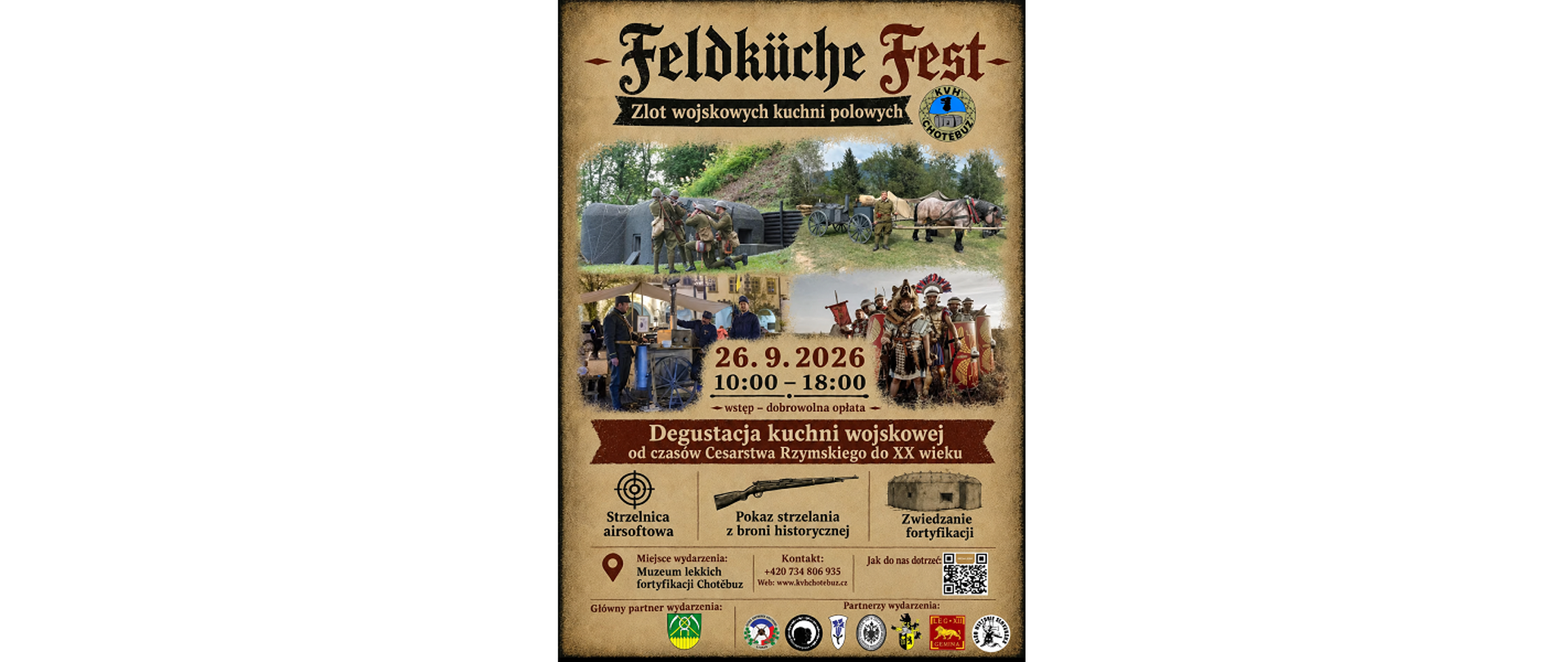 Plakat imprezy. „Feldküchefest”. Zlot wojskowych kuchni wojskowych. 26.9.2026. Degustacja kuchni wojskowej od czasów Cesarstwa Rzymskiego do XX wieku