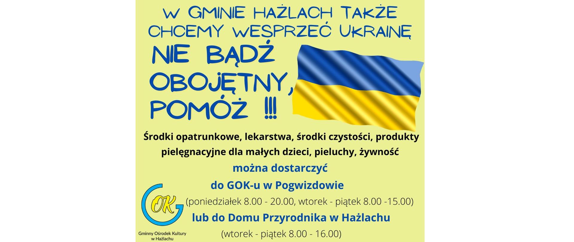 Apel o pomoc dla obywateli Ukrainy. W Gminie Hażlach także chcemy wesprzeć Ukrainę. Nie bądź obojętny, pomóż! 