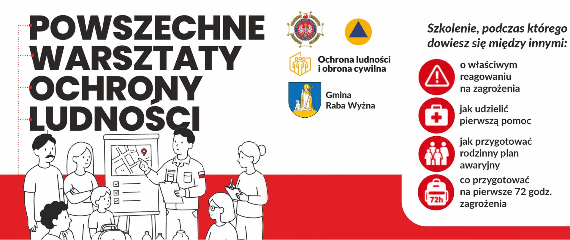 Plakat informacjami o wydarzeniu: Powszechne Warsztaty Ochrony Ludności. Po prawej duży napis. Dołem rysunek grupy osób, ukazujący szkolenia. 
