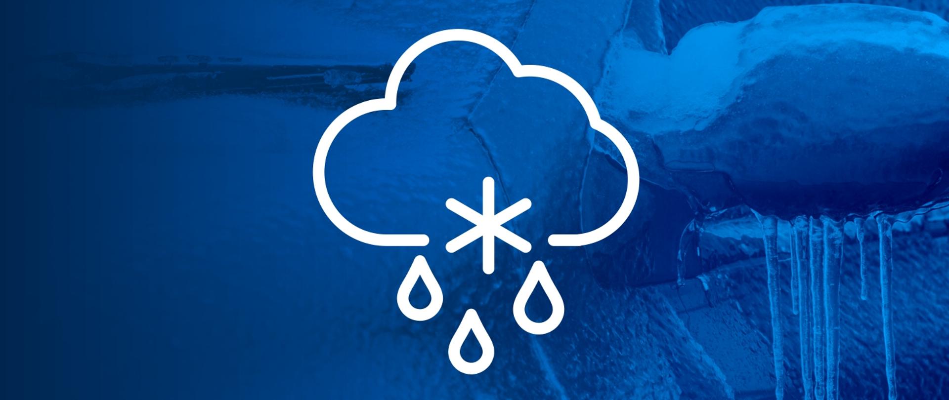 Grafika przedstawia białą ikonę chmury z płatkiem śniegu i kroplami deszczu. Tło w odcieniach niebieskiego stanowi grafika samochodu pokrytego lodem z marznących opadów.
