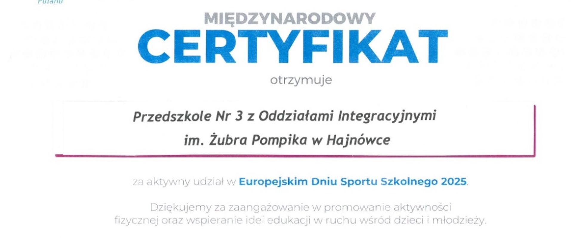 Certyfikat za udział w Europejskim Dniu Sportu Szkolnego 2025