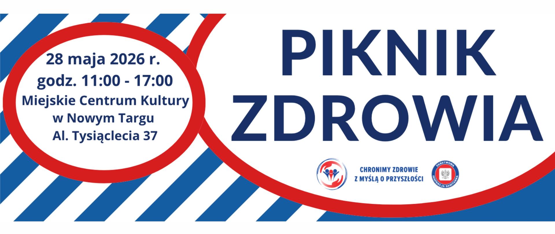 Plakat promujący wydarzenie, w odcieniach biało-niebiesko-czerwonym. Duży napis Piknik Zdrowia z informacją o miejscu i godzinie. 