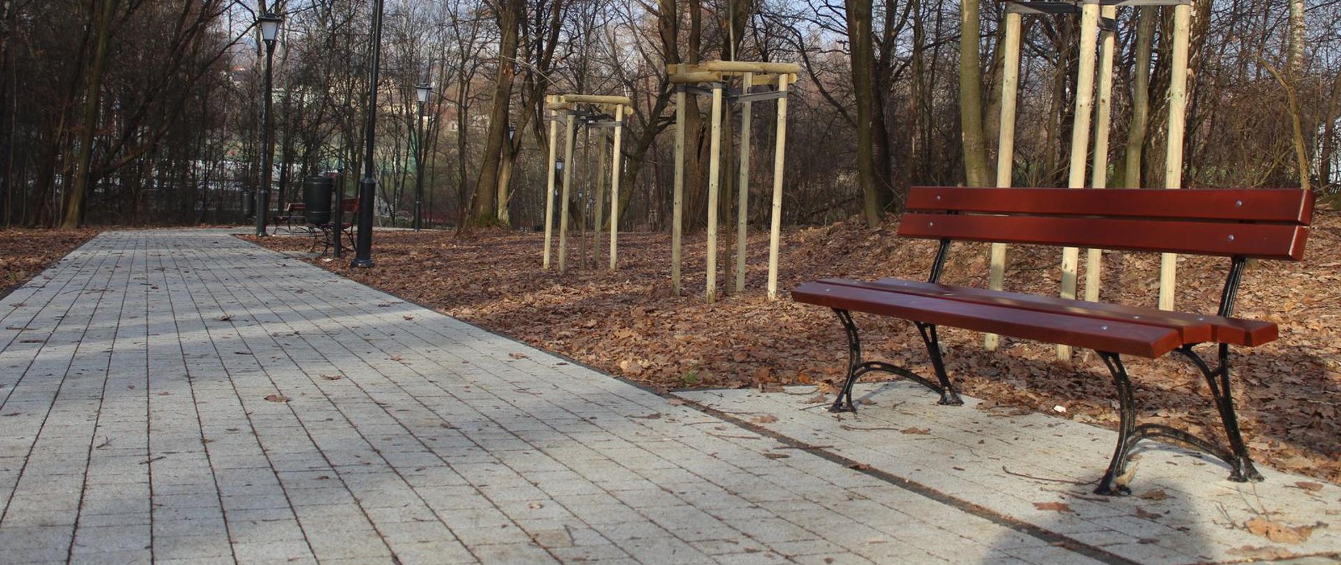 Fotografia ścieżki z chodnikiem i ławką w tle. 