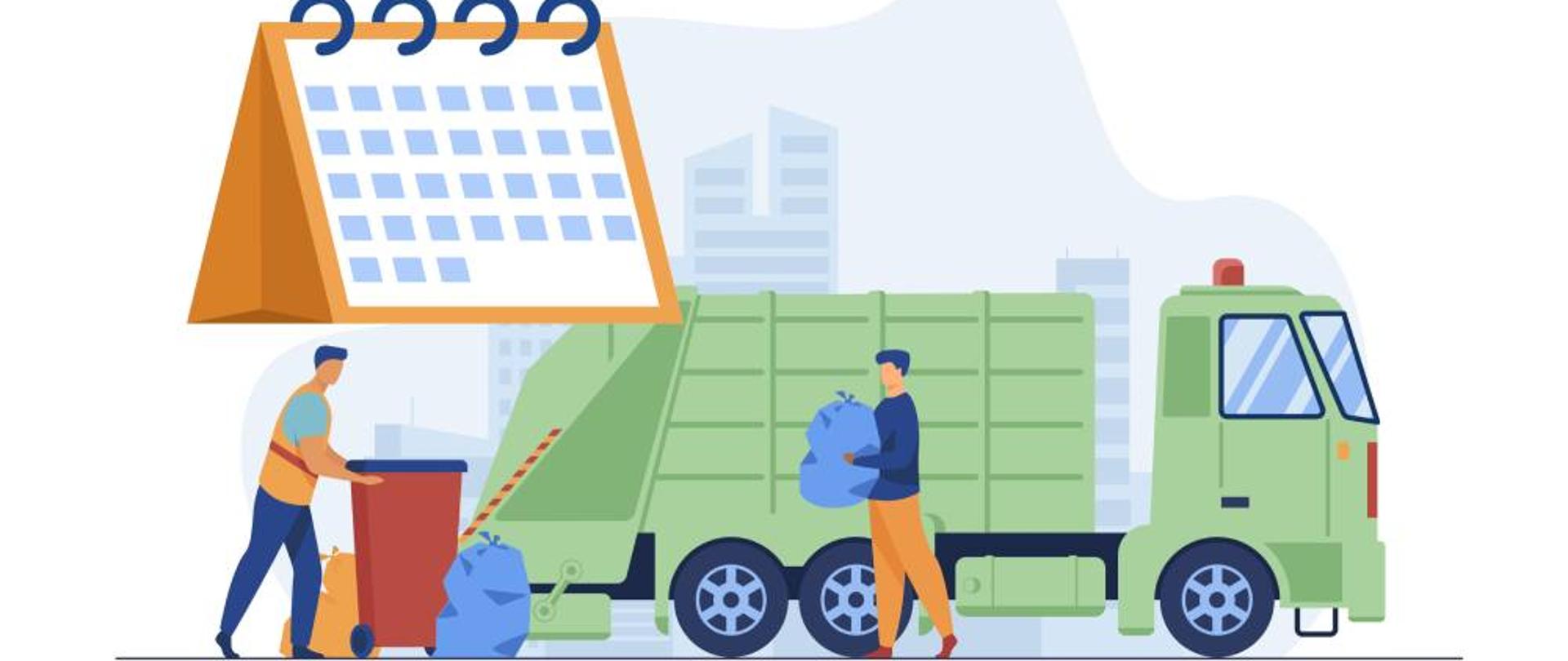 Obrazek przedstawiający osobę wynoszącą worek ze śmieciami do kosza obok śmieciarki