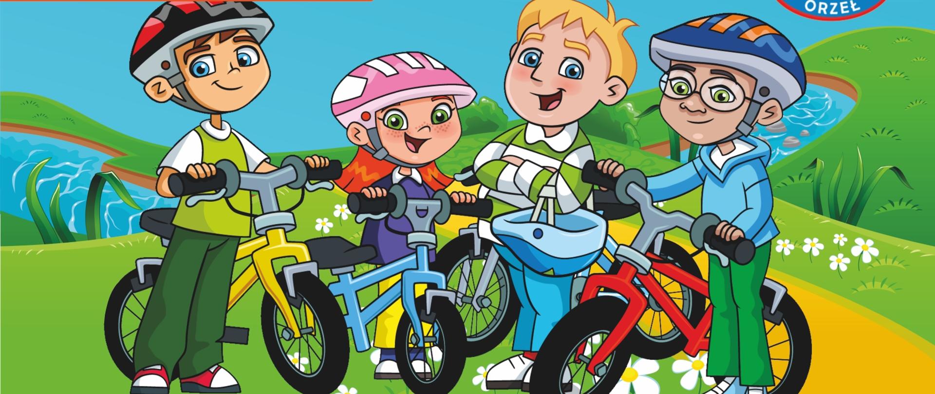 Zdjęcie przedstawia rysunek dzieci z kaskami na głowie stojący z rowerami na trasie rowerowej oraz loga gmin i sponsorów a także napis Mini Podhale Tour program Wyścigów 5 etapów w różnych Gminach