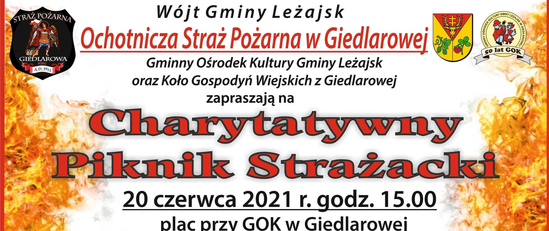 Plakat przedstawiający ogień i wóz strażacki. 