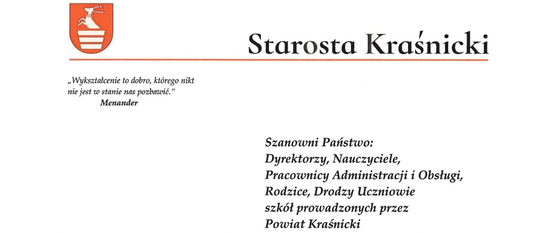 List Starosty Kraśnickiego na rozpoczęcie roku szkolnego 2024/2025