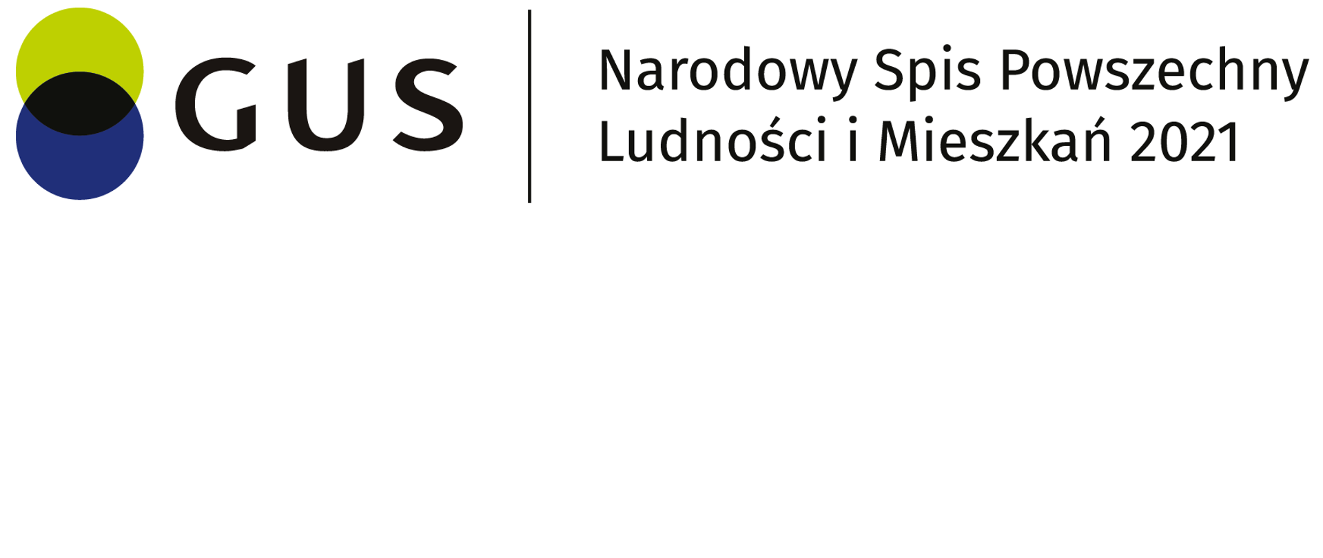 Logotyp Głównego Urzędu Statystycznego (zielone i niebieskie koło, część wspólna w kolorze czarnym), napis Narodowy Spis Powszechny Ludności i Mieszkań 2021