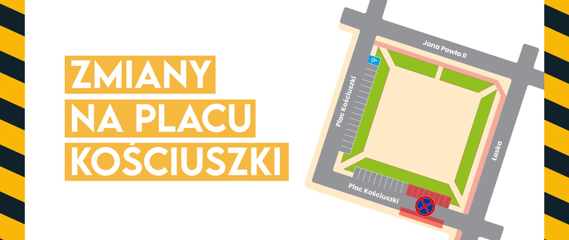 Grafika informacyjna z napisem „Zmiany na Placu Kościuszki”. Obok znajduje się schemat placu z zaznaczonym na czerwono odcinkiem objętym tymczasowym zakazem parkowania oraz symbolem zakazu zatrzymywania. Grafika informuje o zmianach w organizacji ruchu związanych z prowadzonymi pracami.