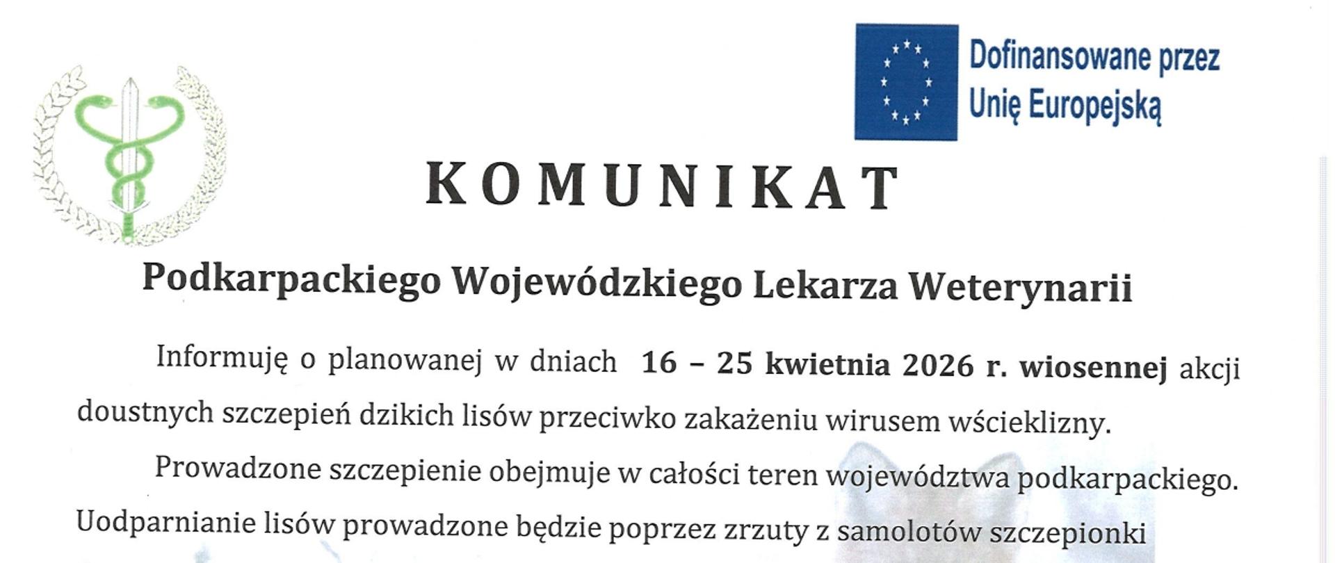 Akcja doustnych szczepień lisów wolno żyjących przeciwko wściekliźnie (kwiecień 2026 r.)