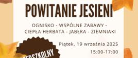 Na plakacie w białej ramce umieszczono informacje o wydarzeniu, zawarte w artykule, wokół tekstu umieszczono grafiki kolorowych liści.