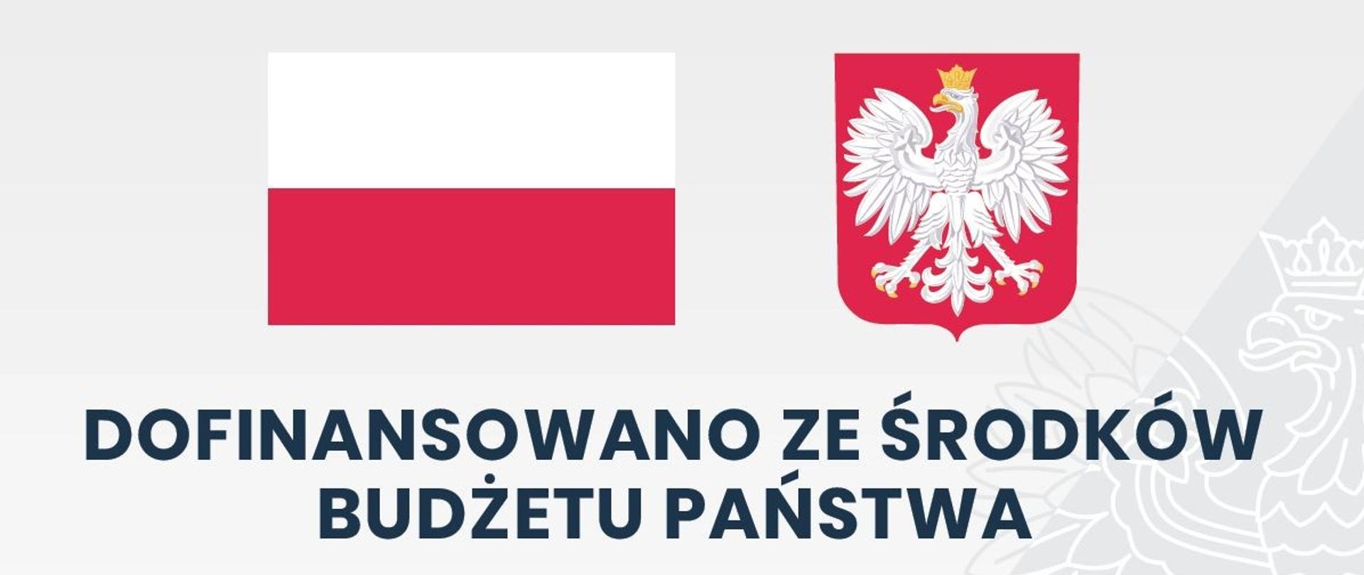 Flaga i godło Polski na szarym tle z zarysem orła białego w koronie, napis Dofinansowano ze środków budżetu państwa