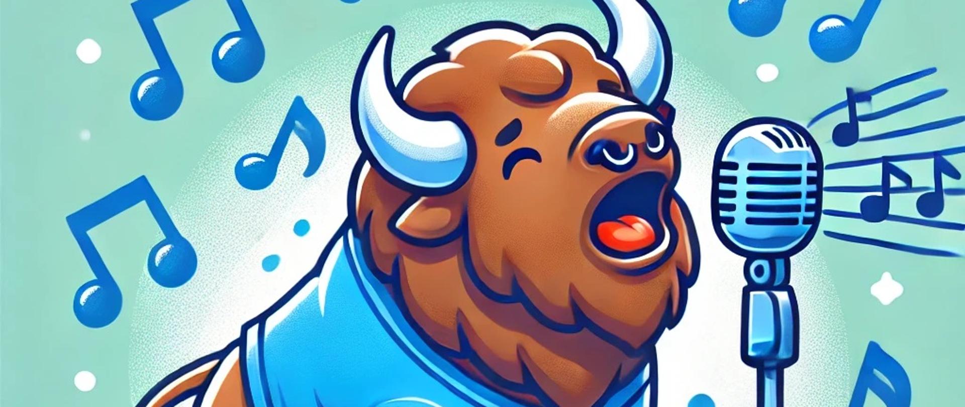 Przy mikrofonie stoi żubr i śpiewa