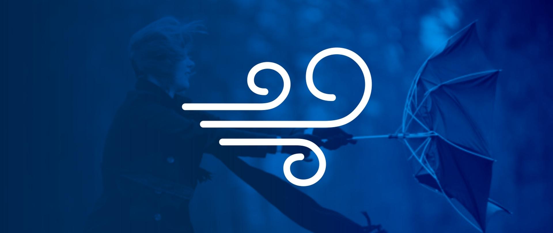 Grafika przedstawia białą ikonę trzech zawijających się linii symbolizujących podmuch. Tło w odcieniach niebieskiego stanowi grafika kobiety, której silny wiatr wyrywa z dłoni parasol.