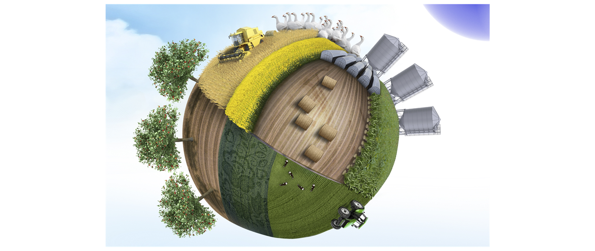 Konkurs „Fundusz sołecki – najlepsza inicjatywa” - banner przedstawiający wieś, znajdują się na nim gęsi, krowy, pola, baloty, sad, kombajn, traktor rolniczy, silosy i szklarnie