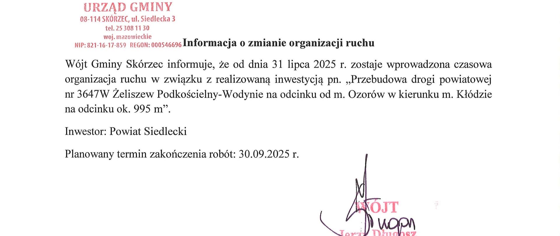Informacja o zmianie organizacji ruchu