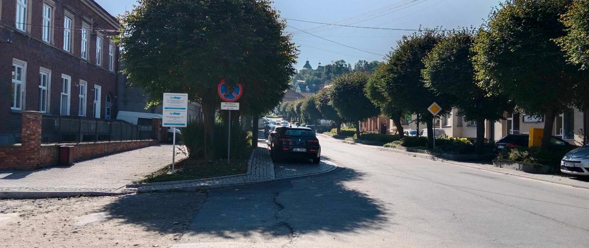 Od lewej: ściana dużego budynku z cegły z dużą ilością okien, chodnik dla pieszych, pas zieleni z drzewami, ulica z zaparkowanymi na wydzielonym poboczu samochodami, pas zieleni po drugiej stronie ulicy. W oddali na wzniesieniu klasztor.