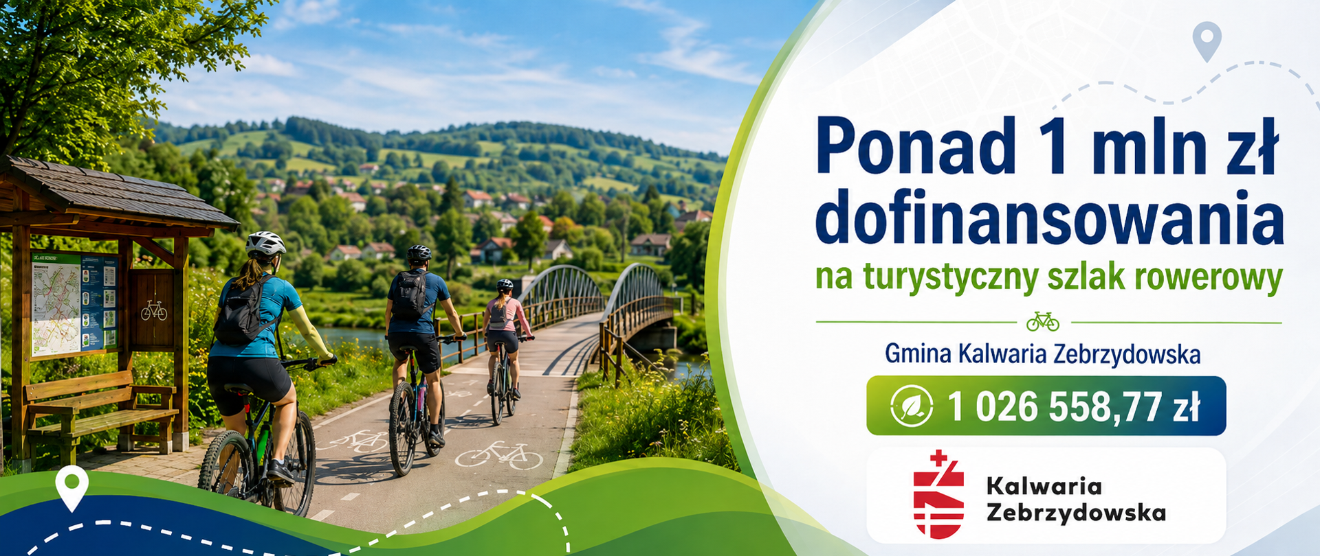 Grafika promująca projekt utworzenia turystycznego szlaku rowerowego w Gminie Kalwaria Zebrzydowska. Przedstawia rowerzystów jadących oznakowaną trasą wśród zielonych terenów, z miejscem postojowym i kładką rowerową. Na grafice znajduje się informacja o dofinansowaniu projektu w wysokości ponad 1 mln zł, dokładnie 1 026 558,77 zł, oraz logo Gminy Kalwaria Zebrzydowska.