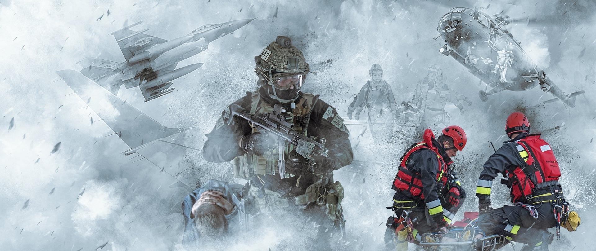 Na plakacie ilustrującym ćwiczenia widoczny śmigłowiec typu Mi-17, samolot wielozadaniowy F-16, żołnierz sił specjalnych oraz ratownicy w czasie akcji.