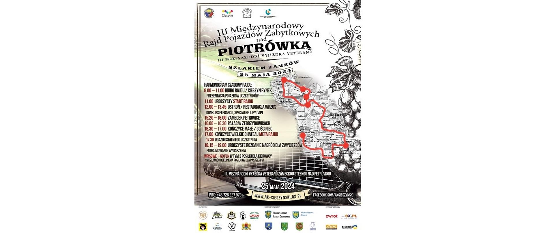 Plakat imprezy. III Międzynarodowy Rajd Pojazdów Zabytkowych nad Piotrówką „Szlakiem zamków”. 25 maja 2024. 