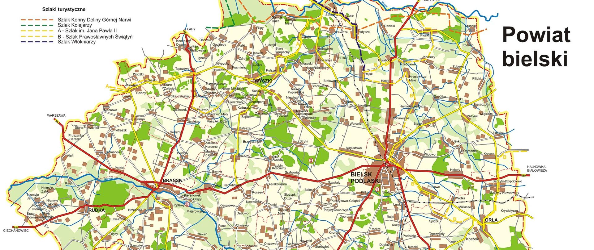 Mapa powiatu bielskiego z oznaczaniem szlaków turystycznych