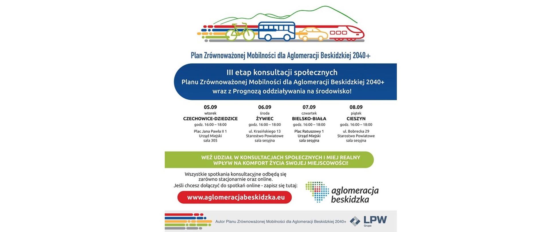 Plakat Plan Zrównoważonej Mobilności dla Aglomeracji Beskidzkiej 2040+ wraz z Prognozą oddziaływania na środowisko. III etap konsultacji społecznych 