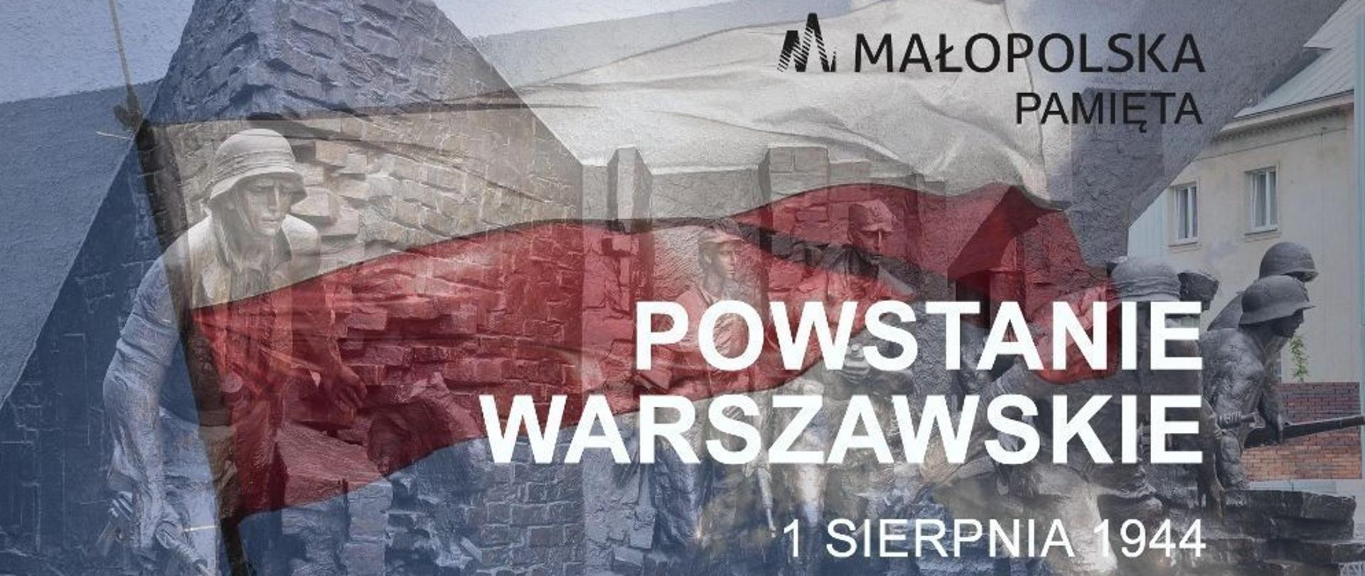 Biało-czerwona flaga na tle napisu Powstanie Warszawskie