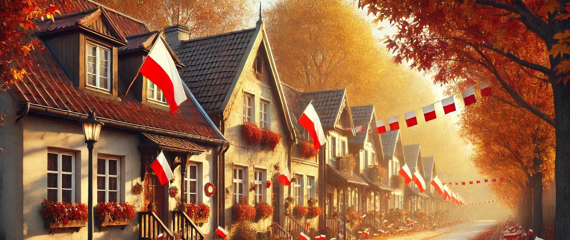 Ulica w Polsce 11 listopada, domy ozdobione biało-czerwonymi flagami w jesiennej scenerii z opadłymi liśćmi, celebrującymi Święto Niepodległości.