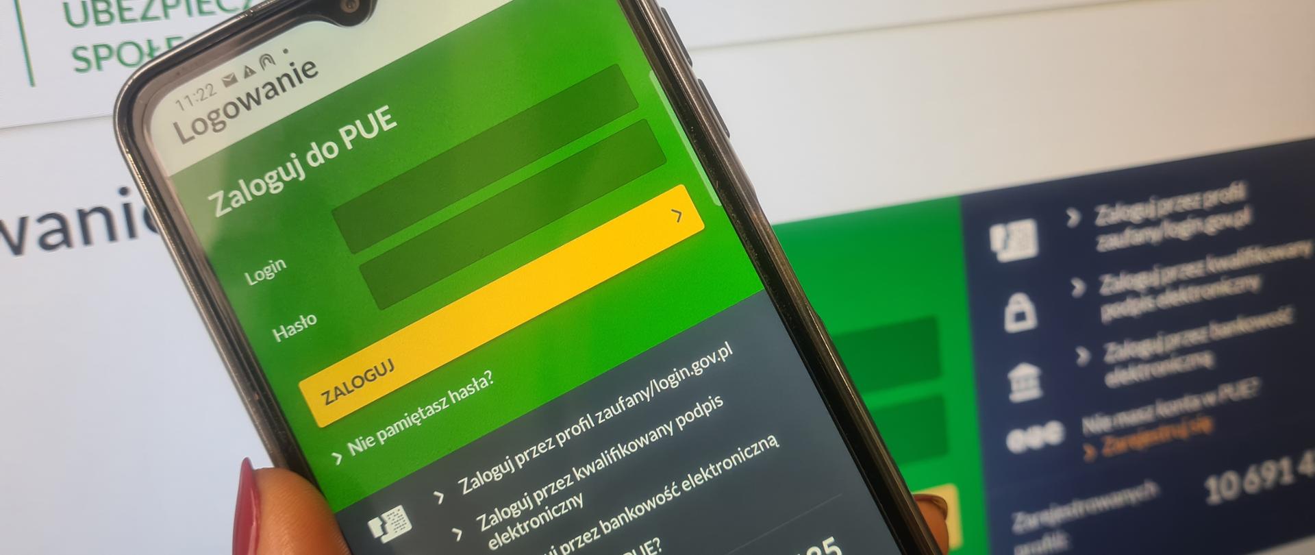 grafika przedstawia Platformę Usług Elektronicznych ZUS (PUE ZUS) na ekranie smartfonu