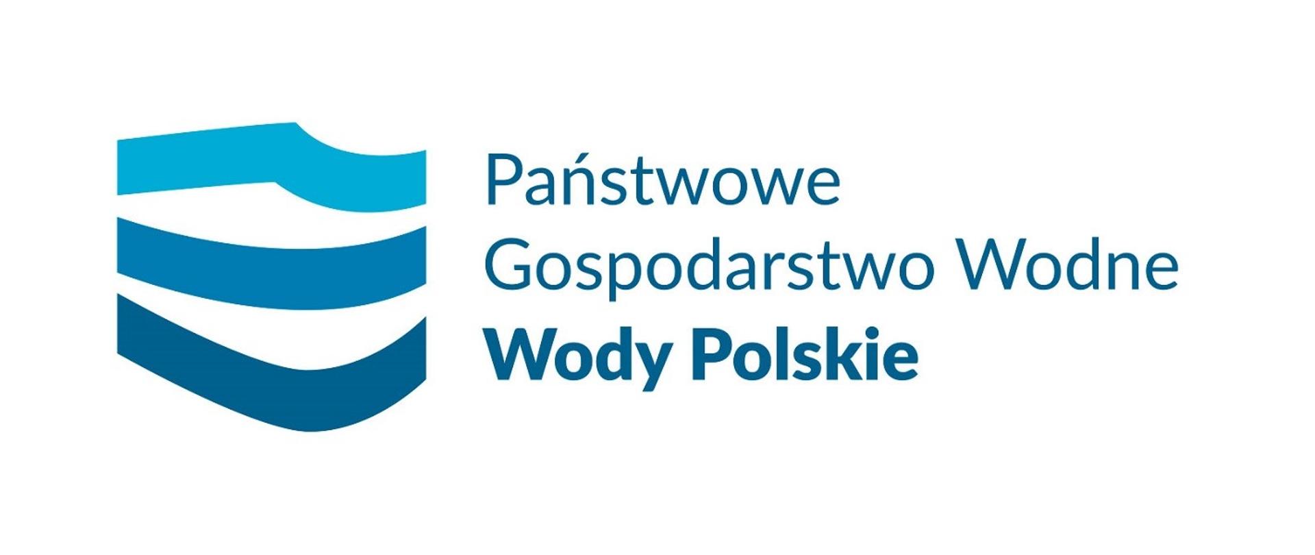 Logo Państwowego Gospodarstwa Wodnego Wody Polskie. Z lewej strony symbol trzech fal w kolorze jasno- i ciemnoniebieskim. Z prawej strony napis w kolorze jasno- i ciemnoniebieskim Państwowe Gospodarstwo Wodne Wody Polskie 