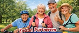 Dwie kobiety i dwóch mężczyzn w kolorowych ubraniach, przedstawiający aktywności sportowe. W tle drzewa.