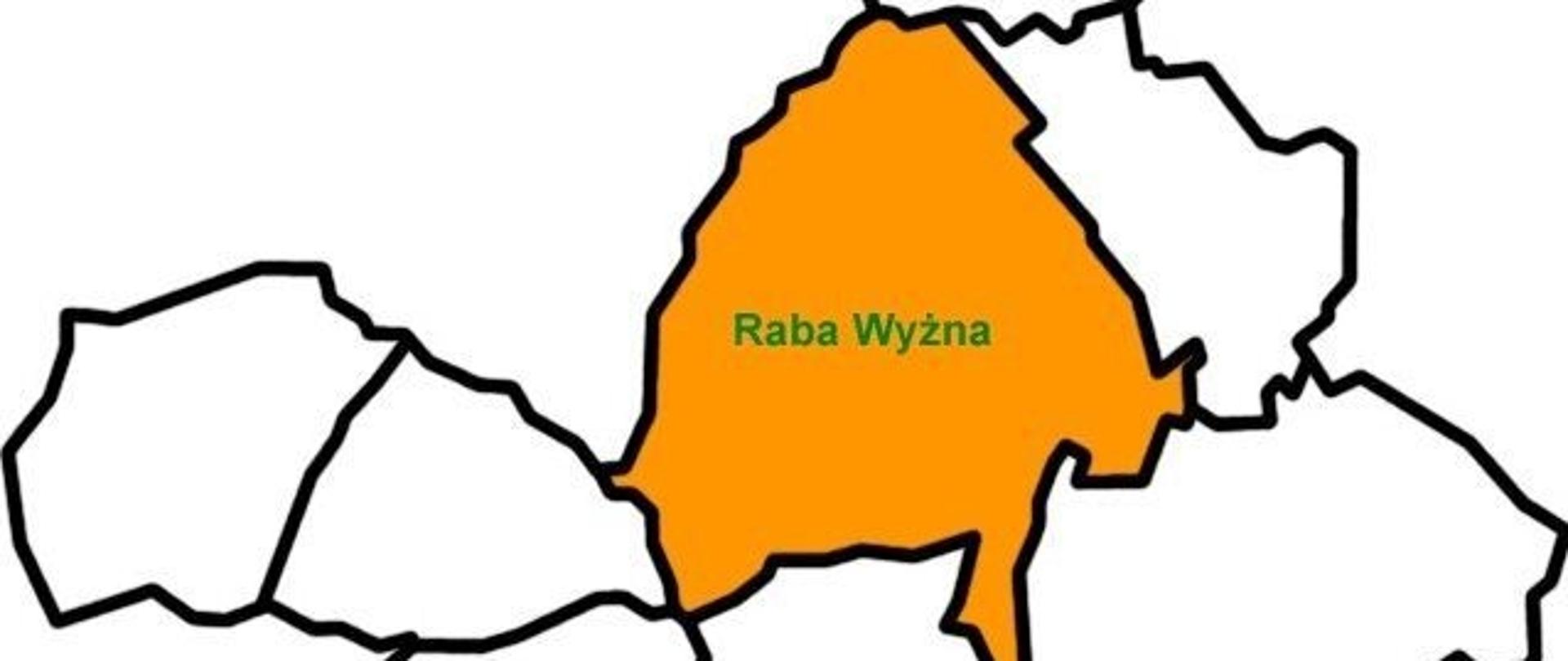 Zdjęcie przedstawia zarys gminy Raba Wyżna z zaznaczonym na kolor pomarańczowy Sołectwem Raba Wyżna