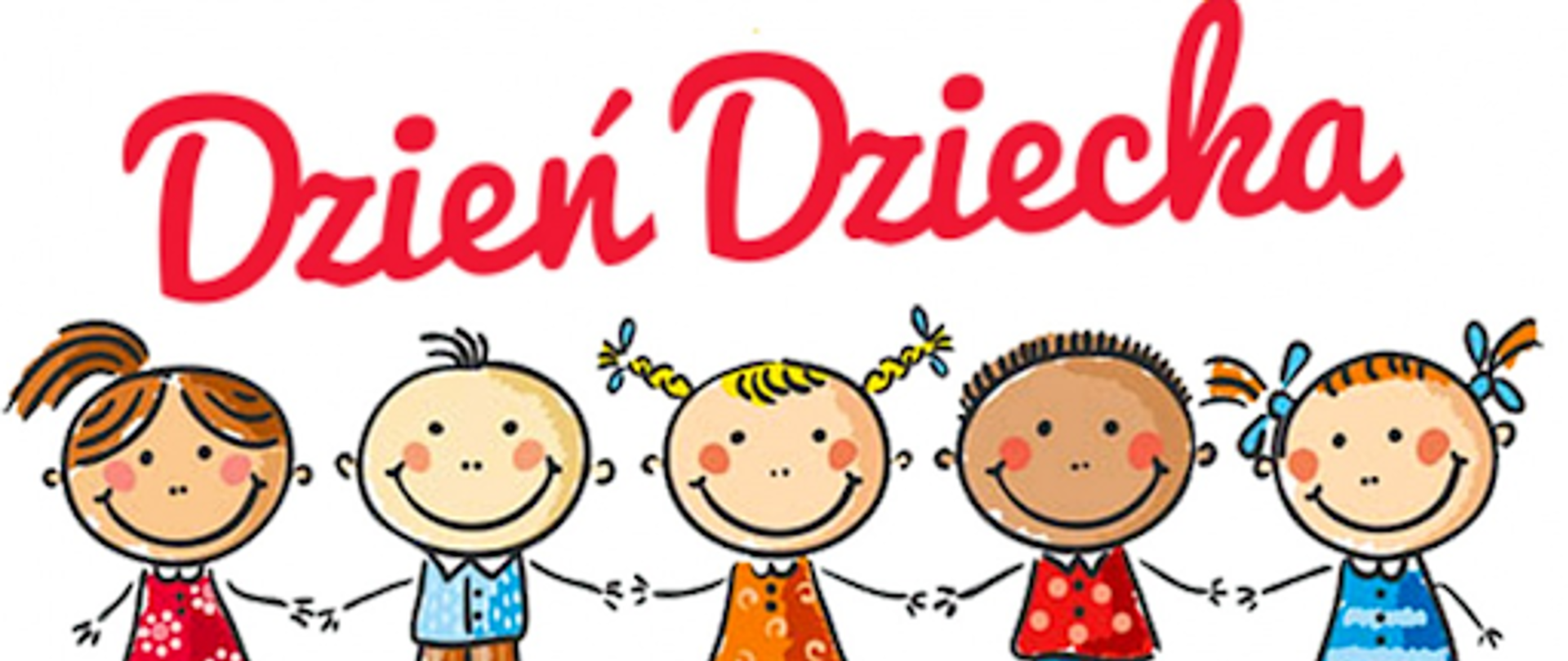 Dzień Dziecka 2025 grafika na górze napis dzień dziecka a na dole piątka dzieci trzymających się za ręce.
