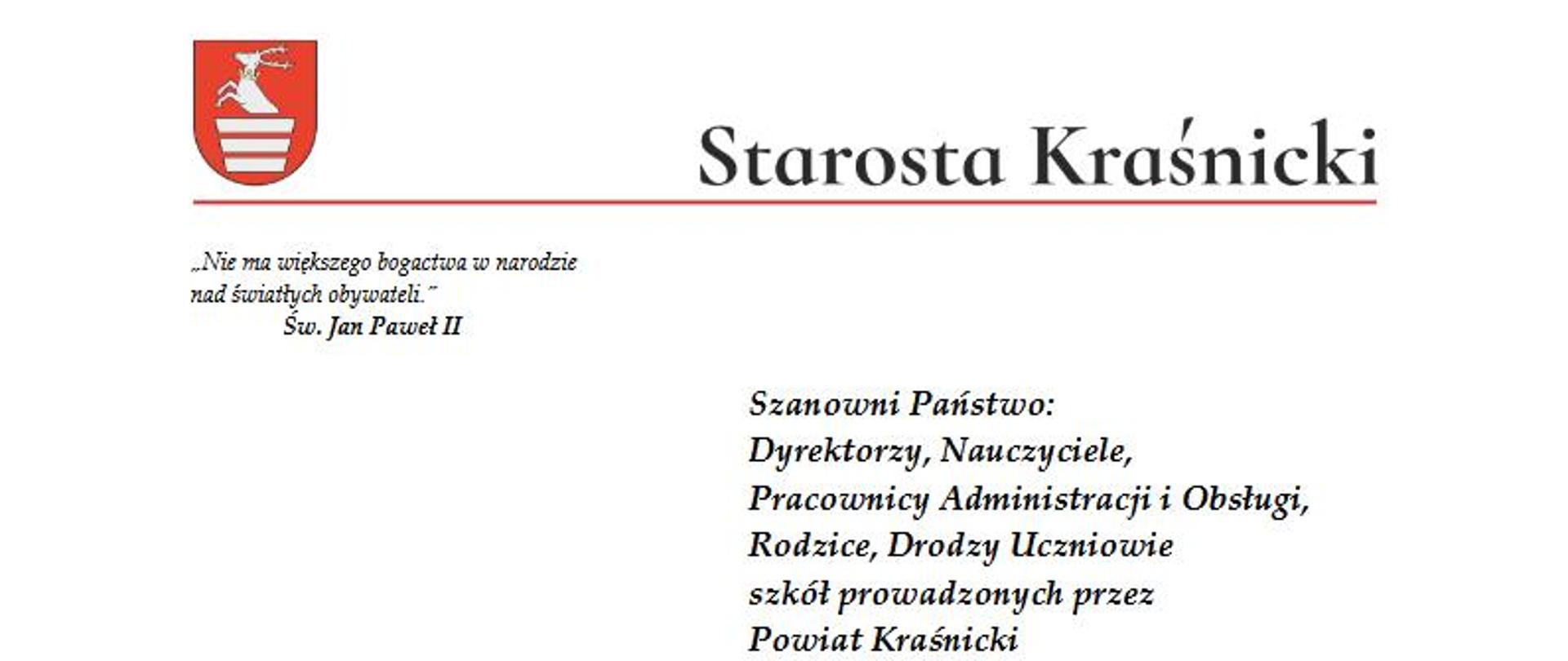List Starosty Kraśnickiego na rozpoczęcie roku szkolnego 2025-2026