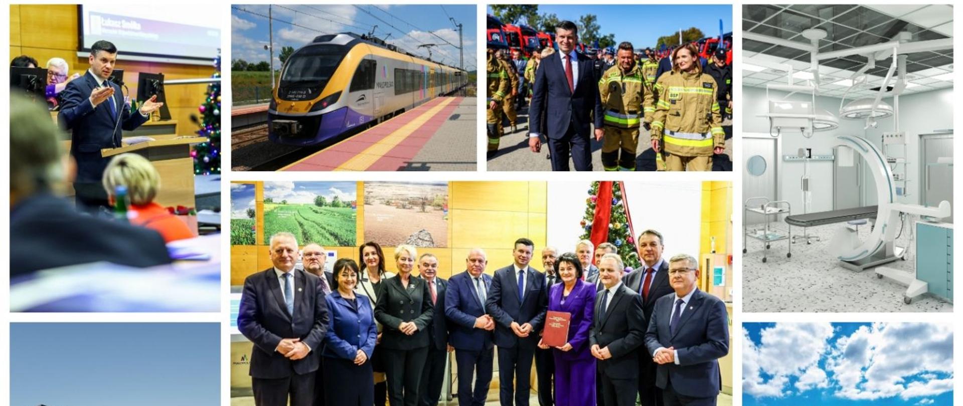 Kolaż zdjęć przedstawiający działania publiczne i inwestycje: przemówienie samorządowca na sali obrad, nowoczesny pociąg regionalny na peronie, przedstawicieli władz wśród strażaków OSP podczas wydarzenia plenerowego, nowoczesną salę zabiegową z aparaturą medyczną, wspólne zdjęcie delegacji samorządowej, wizualizację nowego budynku użyteczności publicznej, widok z lotu ptaka na flotę wozów strażackich, budowę węzła drogowego oraz rozległy kompleks szpitalny w otoczeniu zieleni.