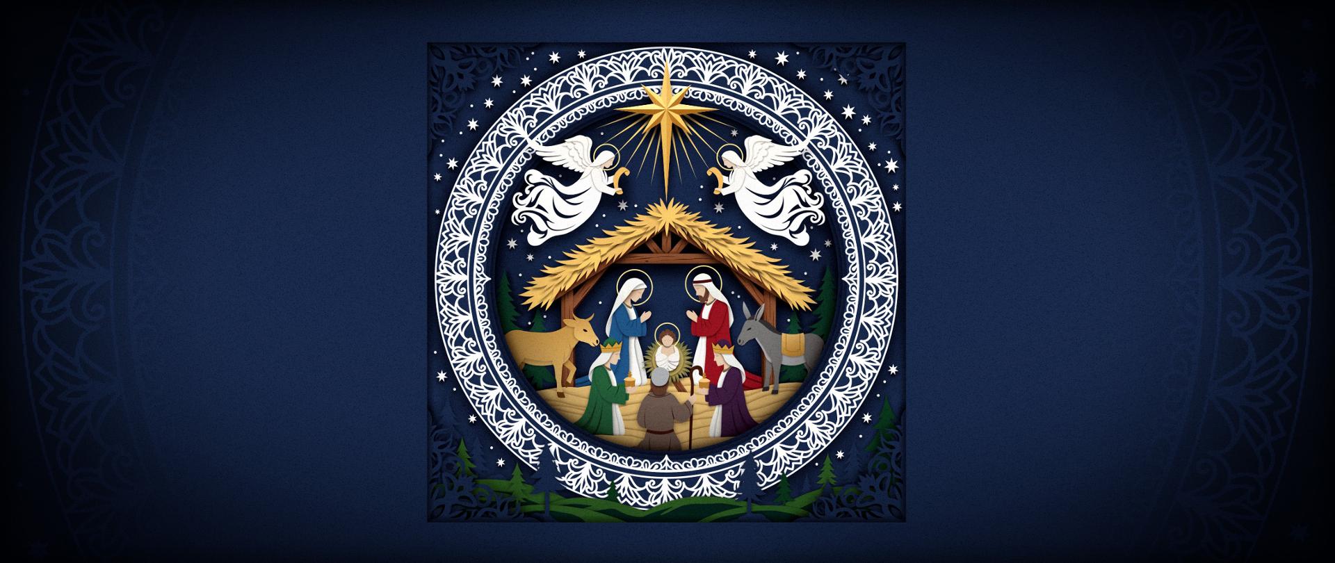 Szczegółowa, ilustracja wycinanki z papieru przedstawiająca scenę Bożego Narodzenia. W centralnej części widać żłóbek z Dzieciątkiem Jezus, Maryją i Józefem. Przed nimi klęczą Trzej Królowie i pasterz. Nad szopką świeci Gwiazda Betlejemska, a po bokach unoszą się dwa anioły. Cała scena jest otoczona misternym, białym, okrągłym wzorem ludowej koronki i gwiazdek na ciemnogranatowym tle.