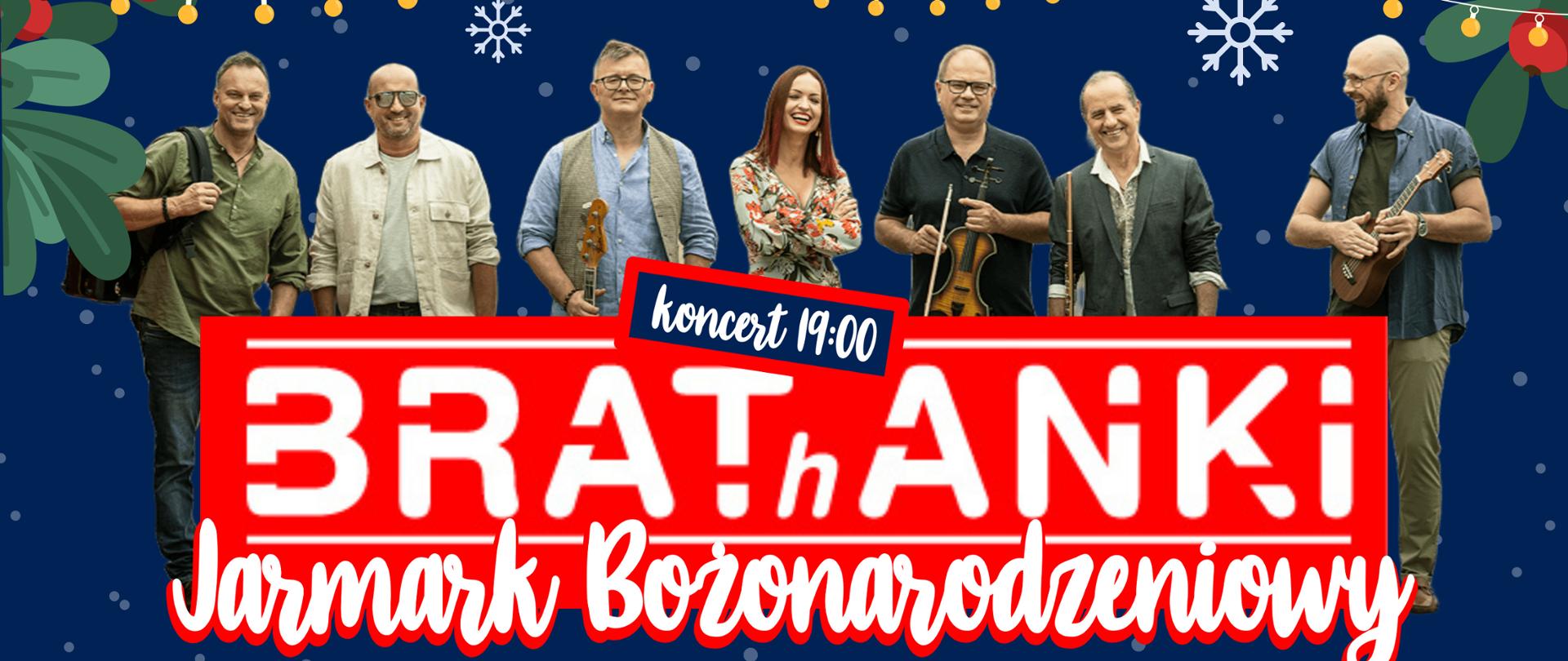 Plakat Jarmarku Bożonarodzeniowego w Konstantynowie Łódzkim z zespołem Brathanki na górze. Informacje o wydarzeniu: 13 grudnia 2025, Plac Kościuszki, godziny 14:00–21:00. Na dole ilustracja zimowego miasteczka z choinką, karuzelą, straganami i postaciami uczestników.