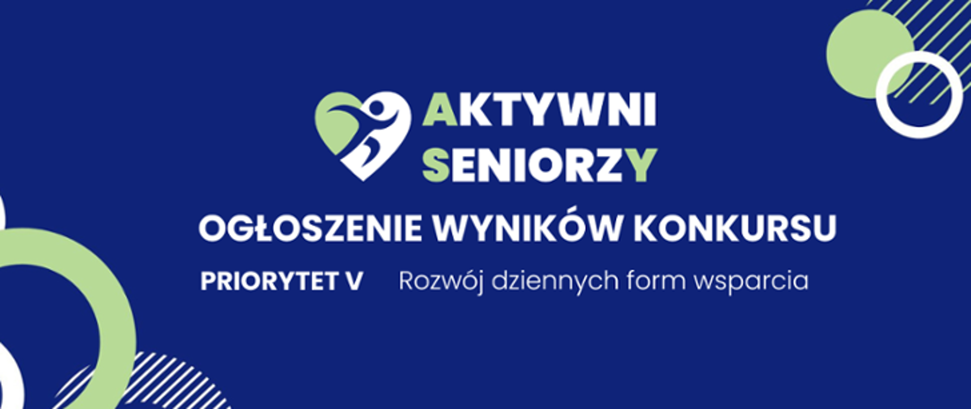 Plakat z informacja o wynikach konkursu na rozwój dziennych form wsparcia. Białe napisy na granatowym tle. W górnej części logo Aktywni Seniorzy.