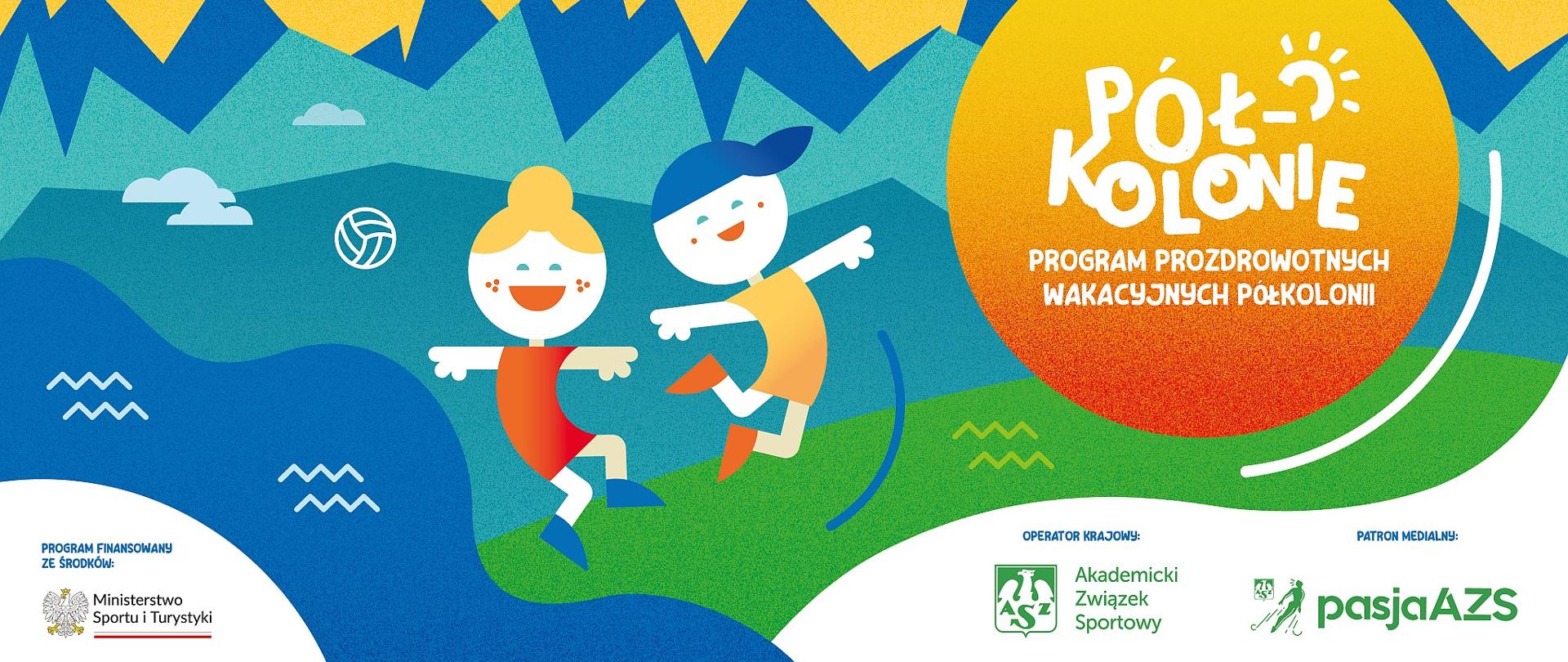 Baner - kolorowa rysunkowa grafika przedstawiająca dwójkę skaczących uśmiechniętych dzieci, wokół nich trawa, woda, góry