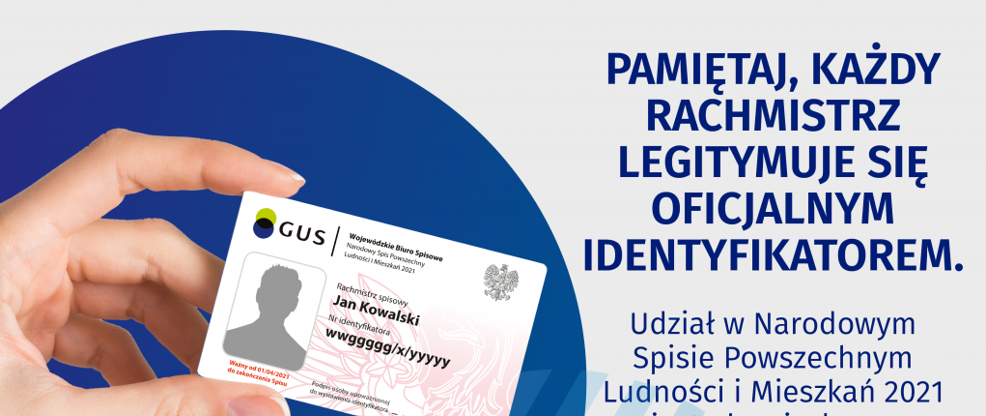 Grafika przedstawiająca dłoń trzymającą wzór identyfikatora rachmistrza, logo i hasło "Liczymy się dla Polski"