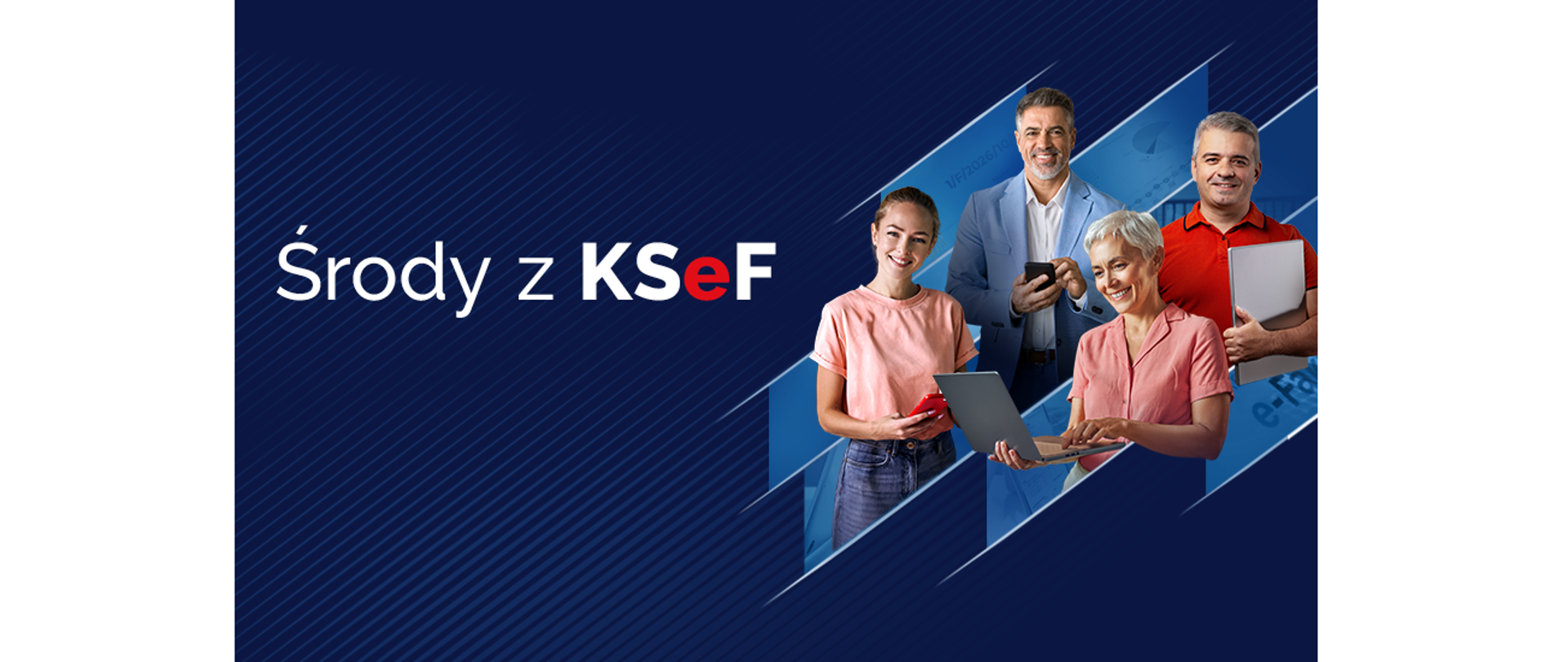 Znak graficzny akcji. Napis „Środy z KseF”. Obok cztery osoby: dwie z laptopami, dwie ze smartfonami 