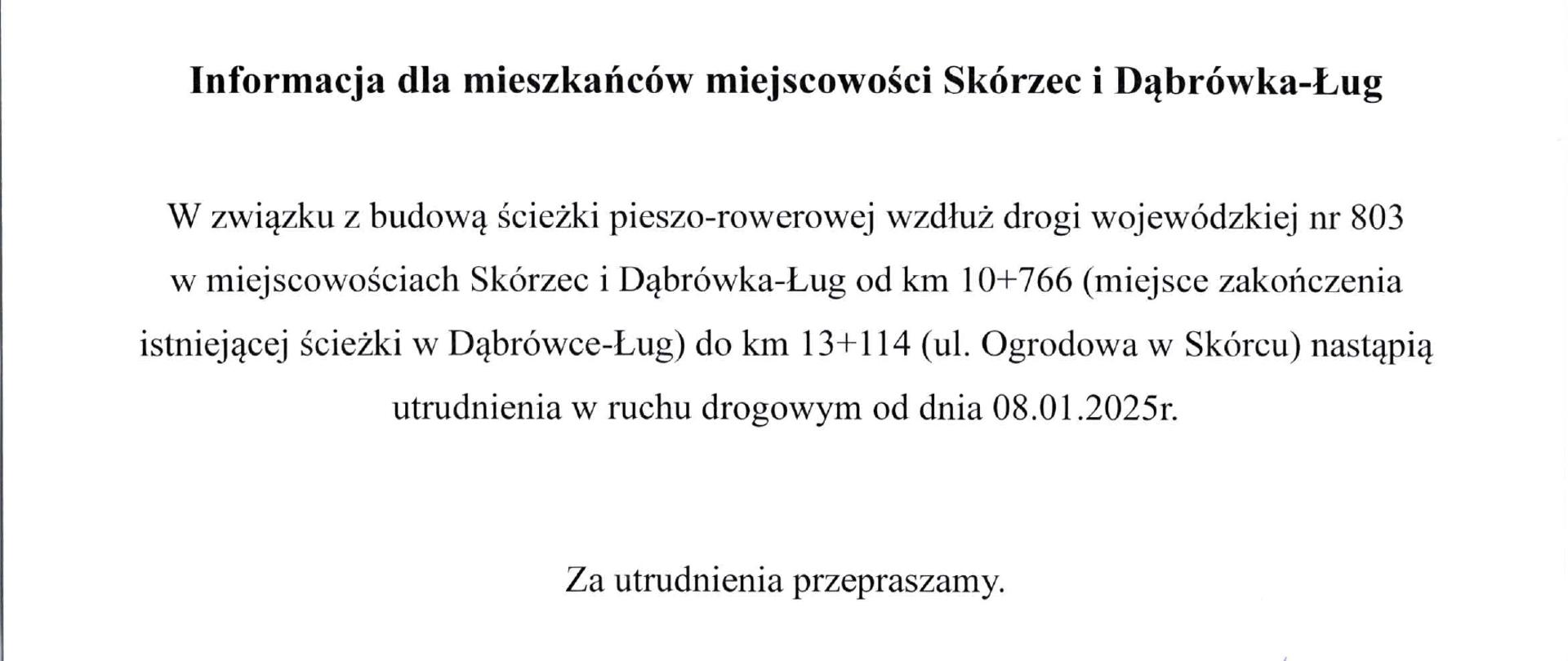 Informacja dla mieszkańców m. Skórzec i Dąbrówka-Ług